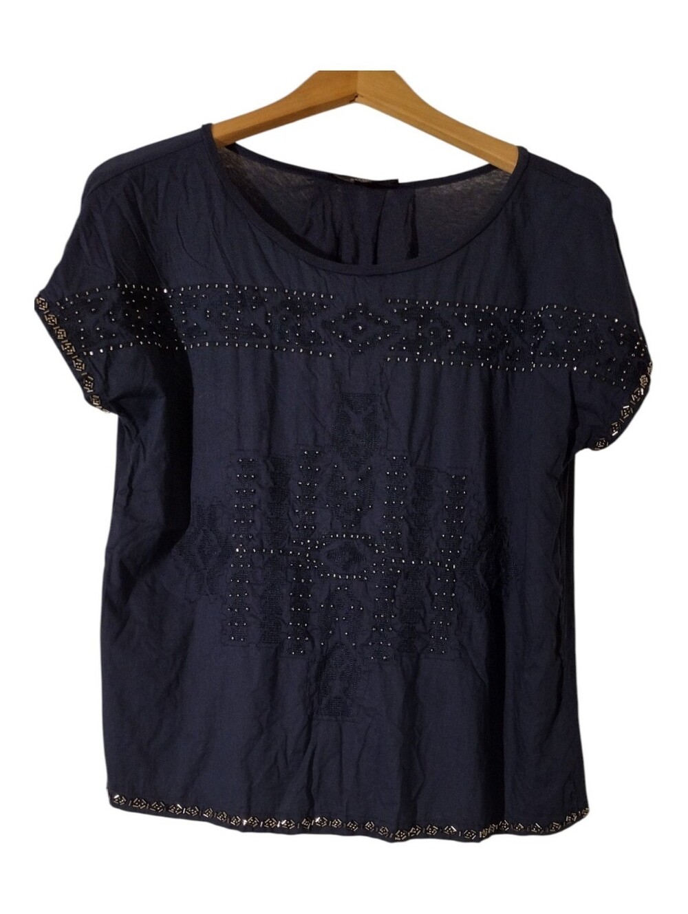 Weekend Max Mara Navy Short Sleeve Stud-Embellished Top